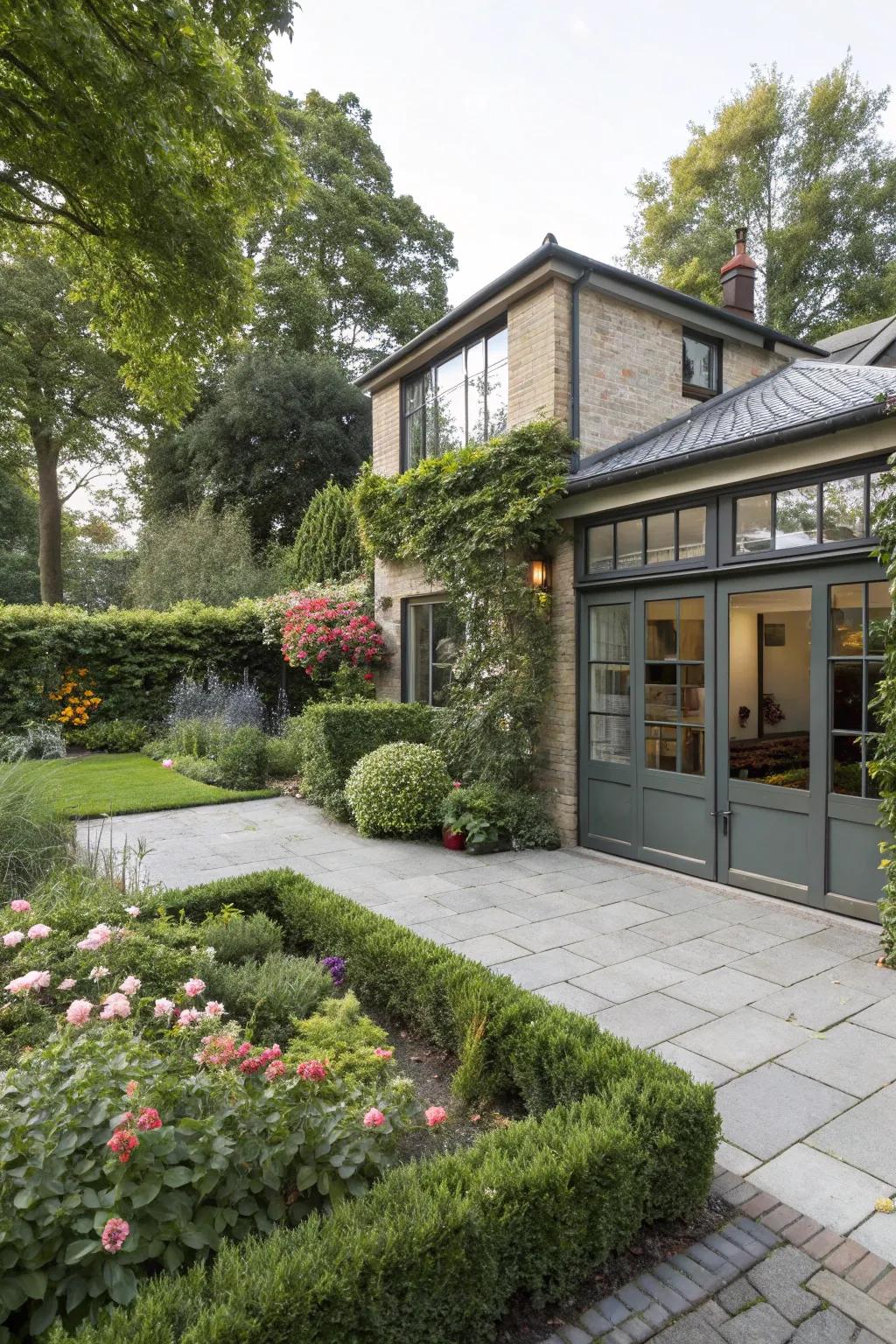 Thoughtful landscaping creates a serene setting.