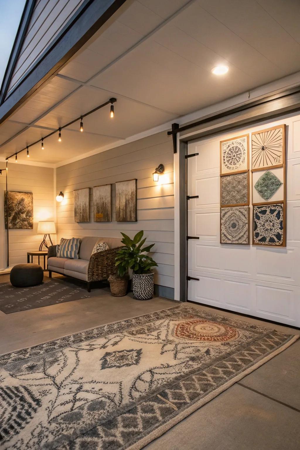 Stylish accents add warmth and character to the garage.