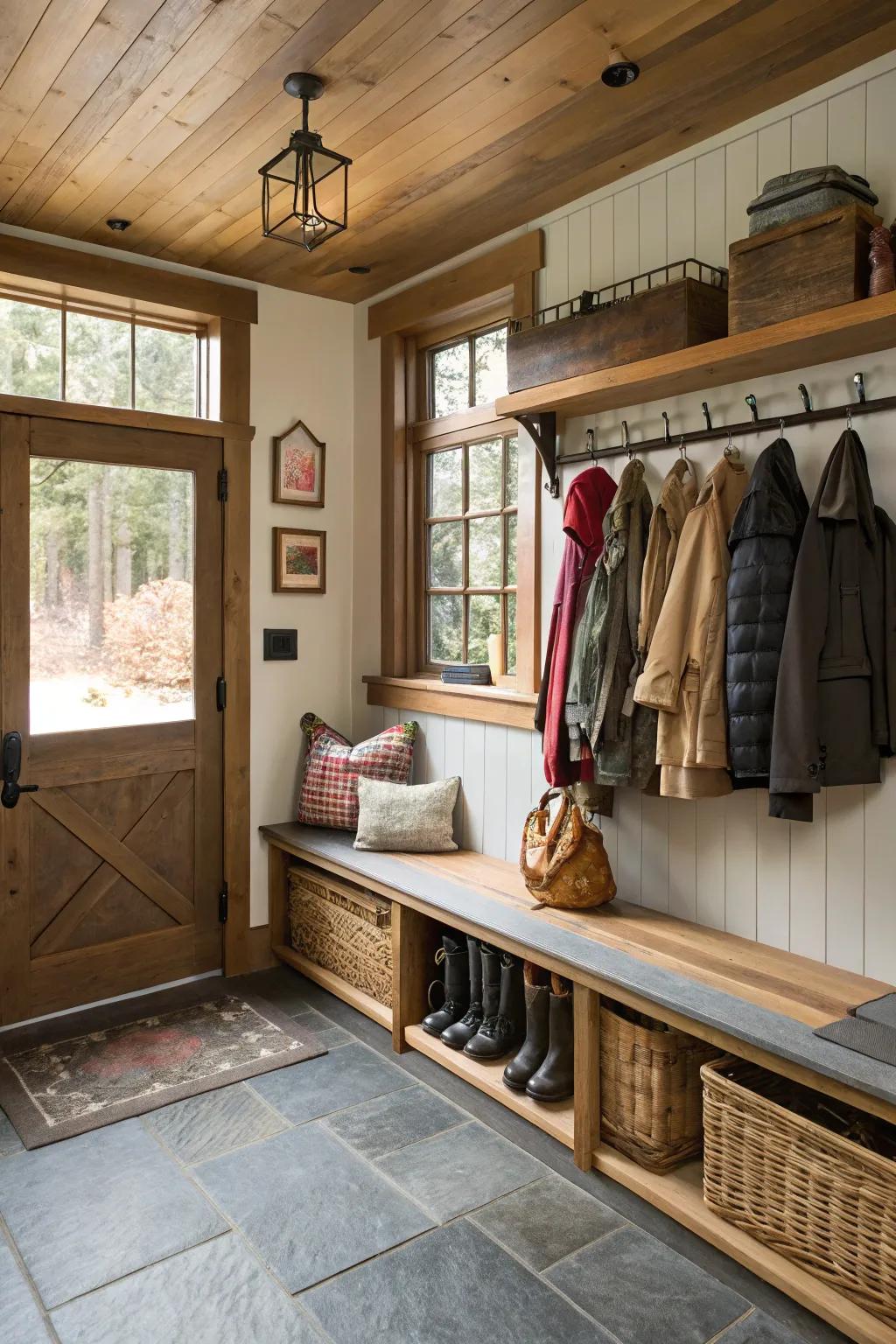 A practical mudroom configuration inside a garage space.