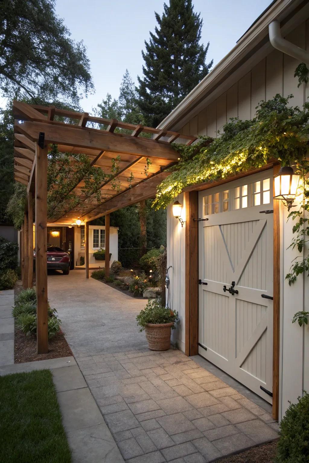 A gorgeous garage decorated with a stylish wooden pergola.
