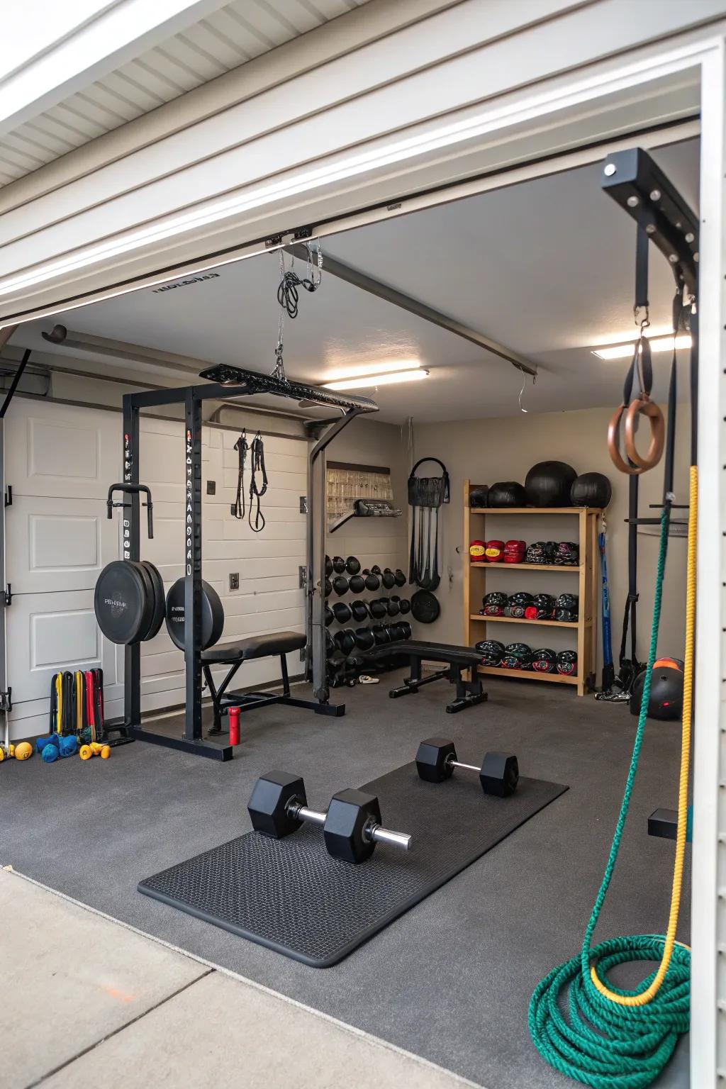 Have a handy place to exercise by setting up a home gym in your garage.