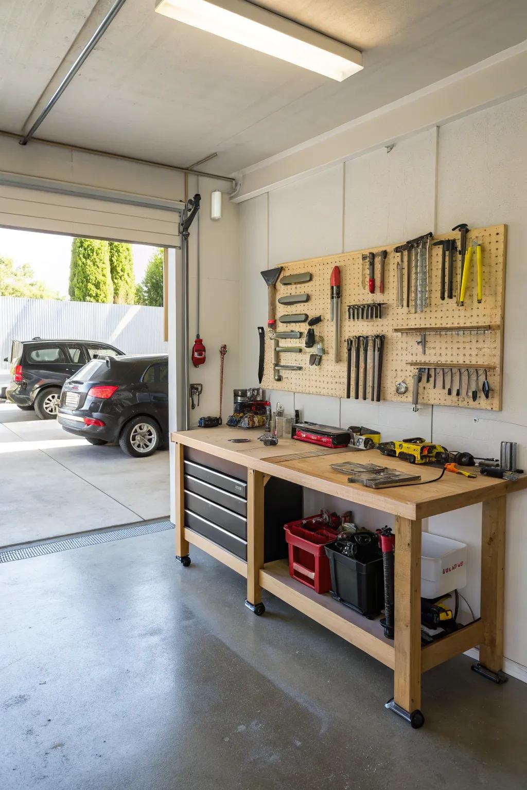 A fold-down workbench offers flexibility for work and storage.