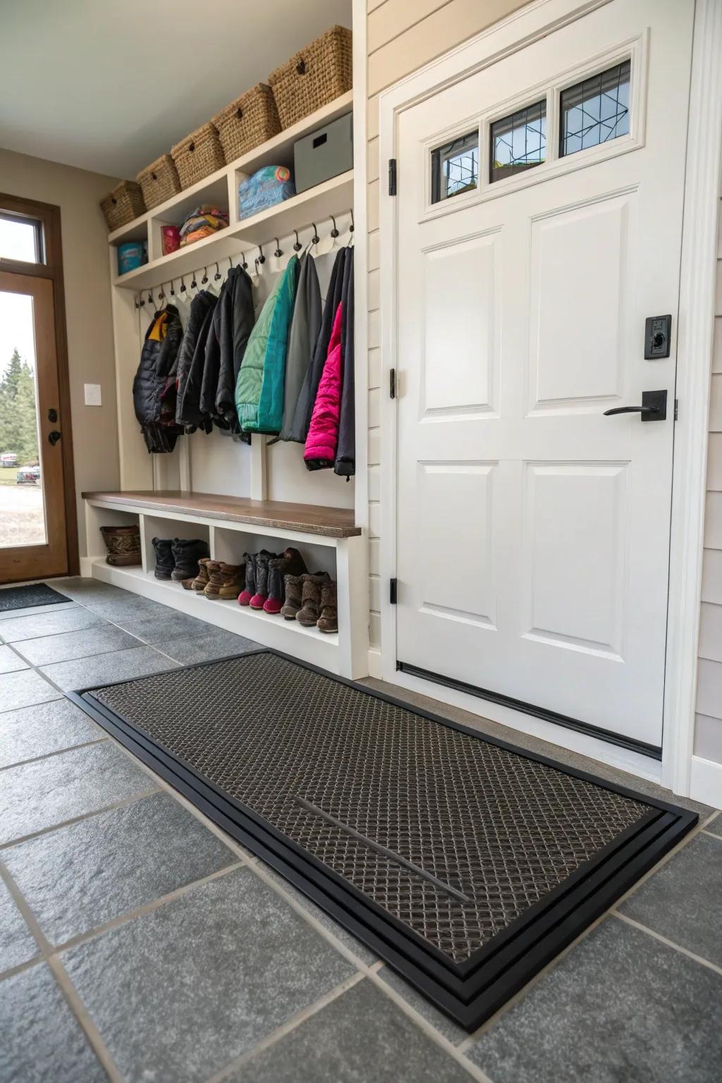 Resilient mats help contain dirt, preserving your floors beyond the mudroom.