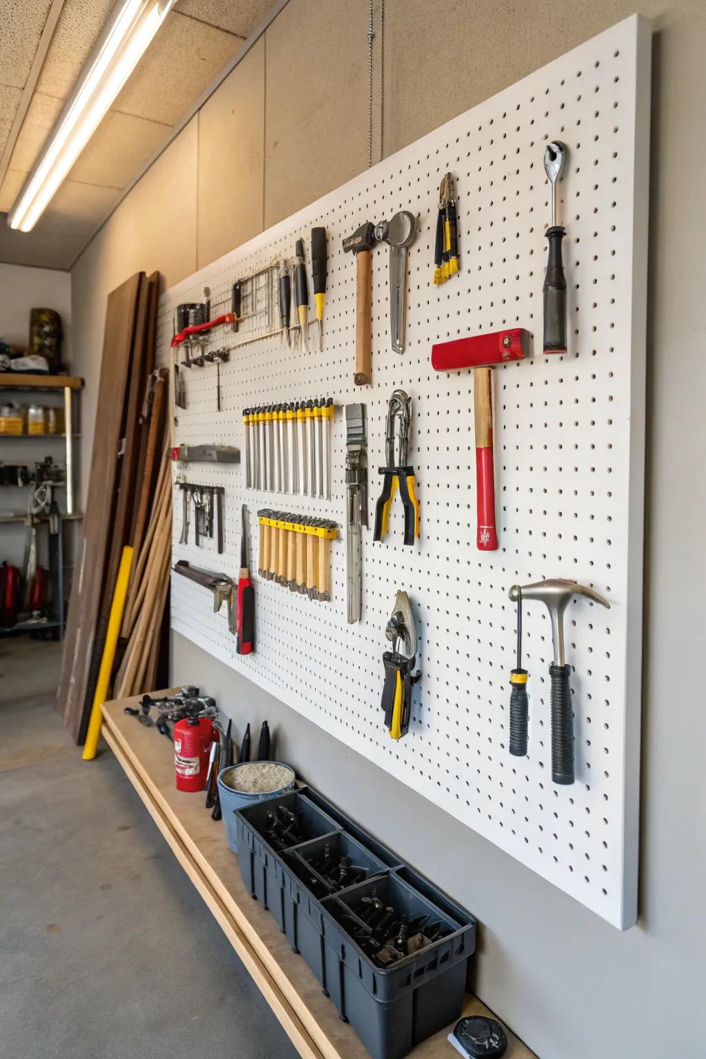 Keep your tools within arm's reach with a pegboard organizing system.