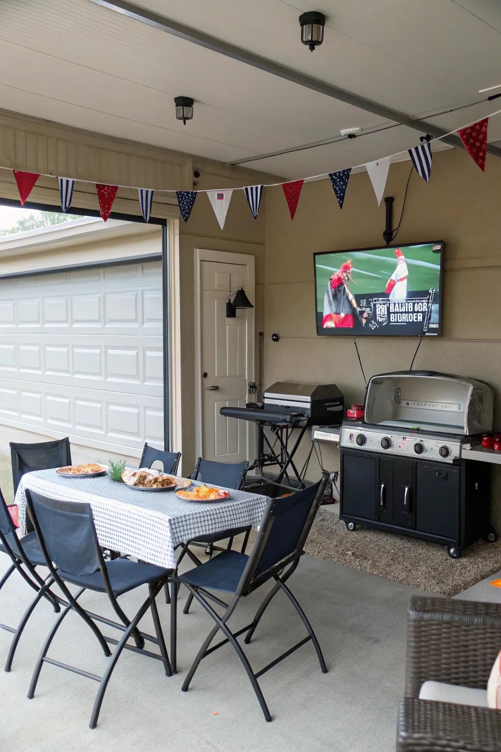 Bring the tailgate party home with a TV and grill setup in your garage.