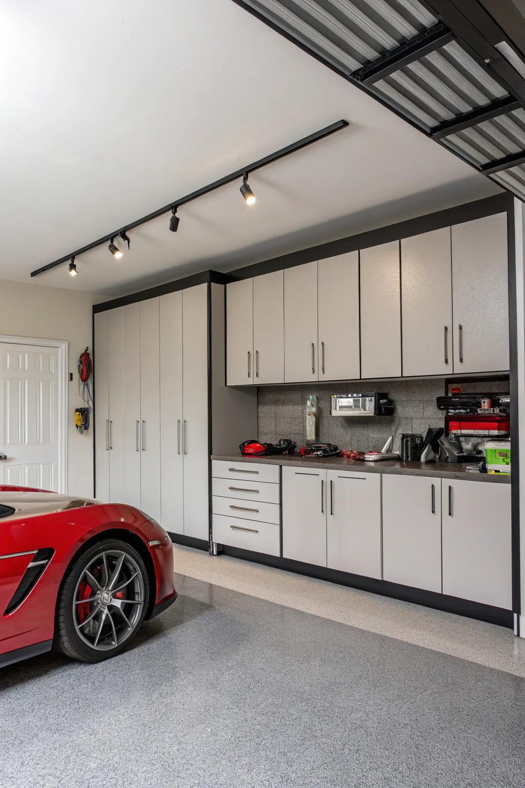 Custom cabinetry offers a polished and organized garage look.