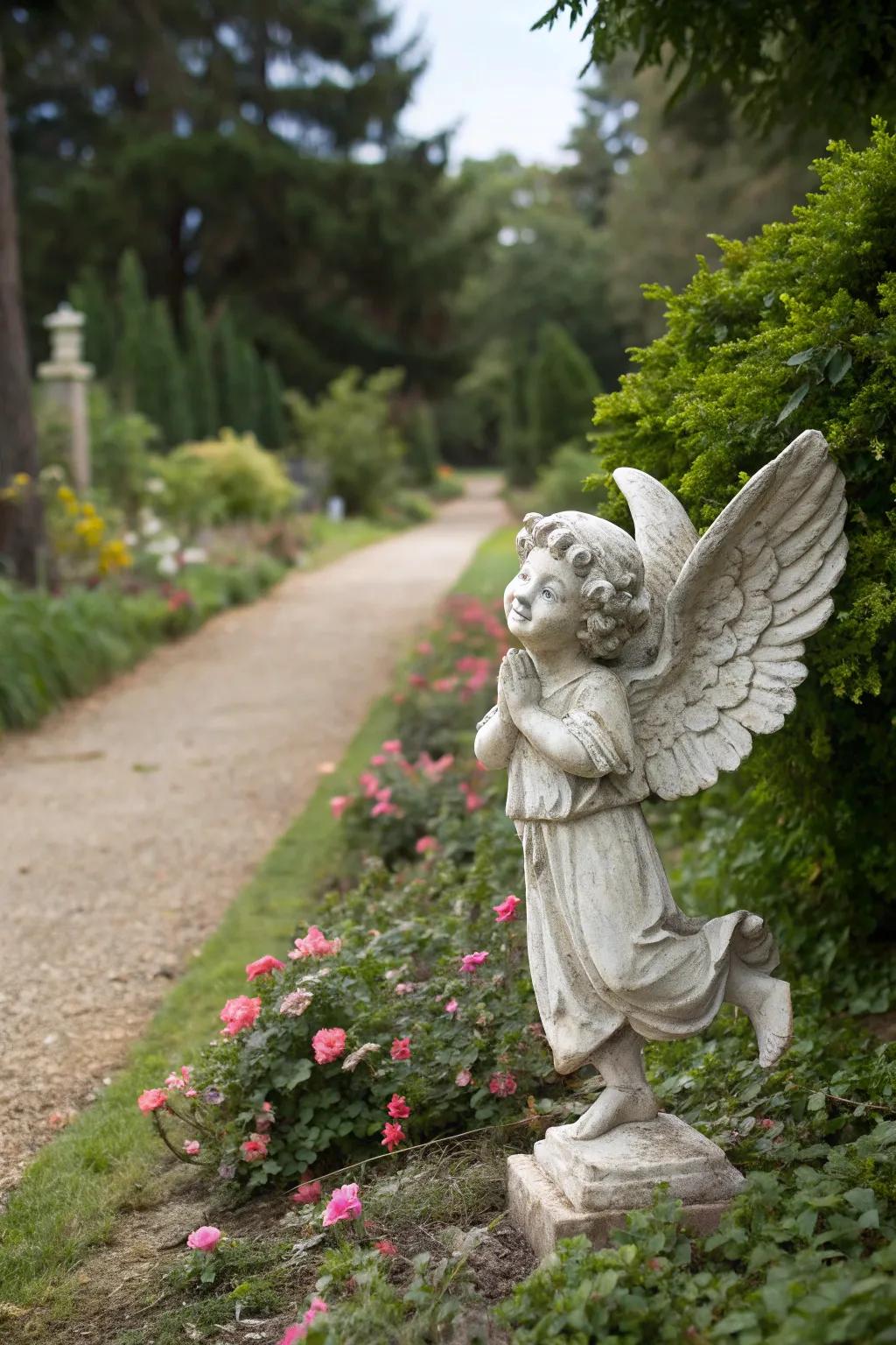 A playful cherub angel brightening up a garden path.