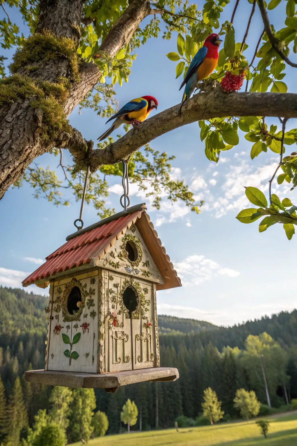 Improve the garden with bird-friendly decorations.
