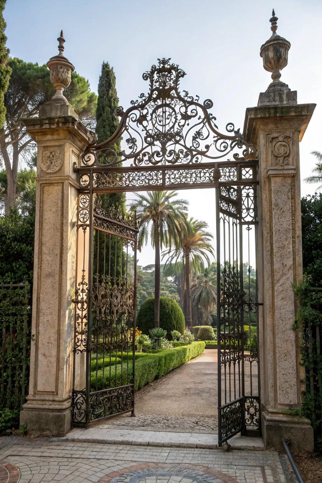 Decorative metalwork infuses artistic flair into this gate design.