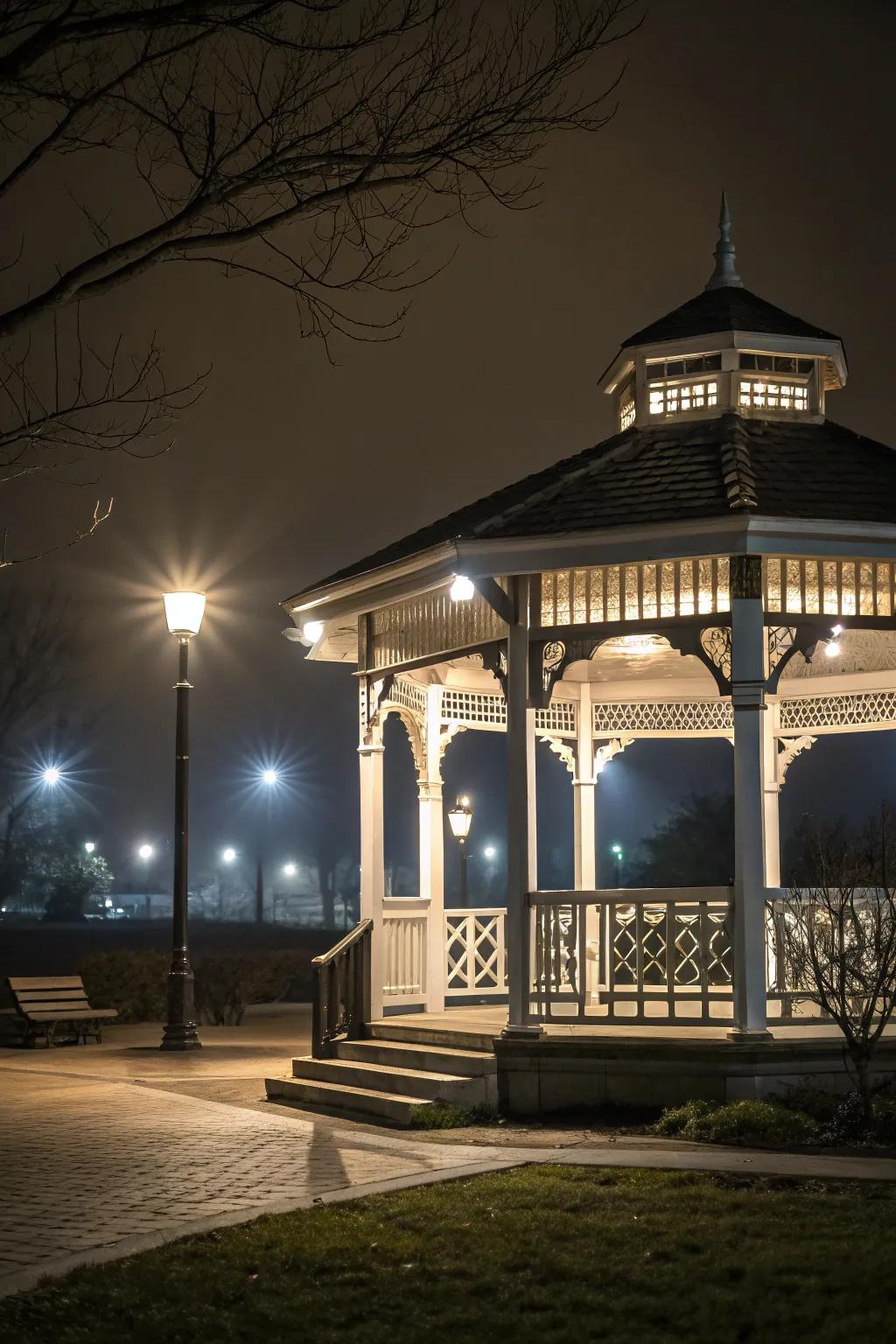 Spotlights inject drama by accentuating the architectural grace of your gazebo.