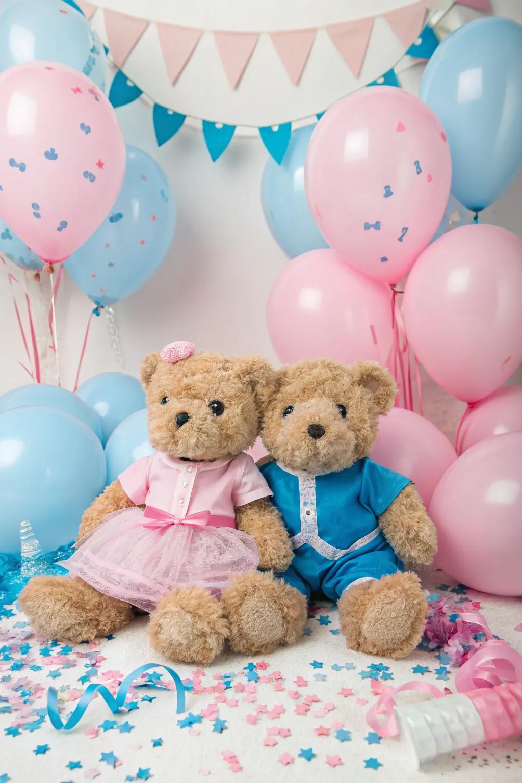 Plush companions introduce a sweet and whimsical detail to the gender reveal decor.