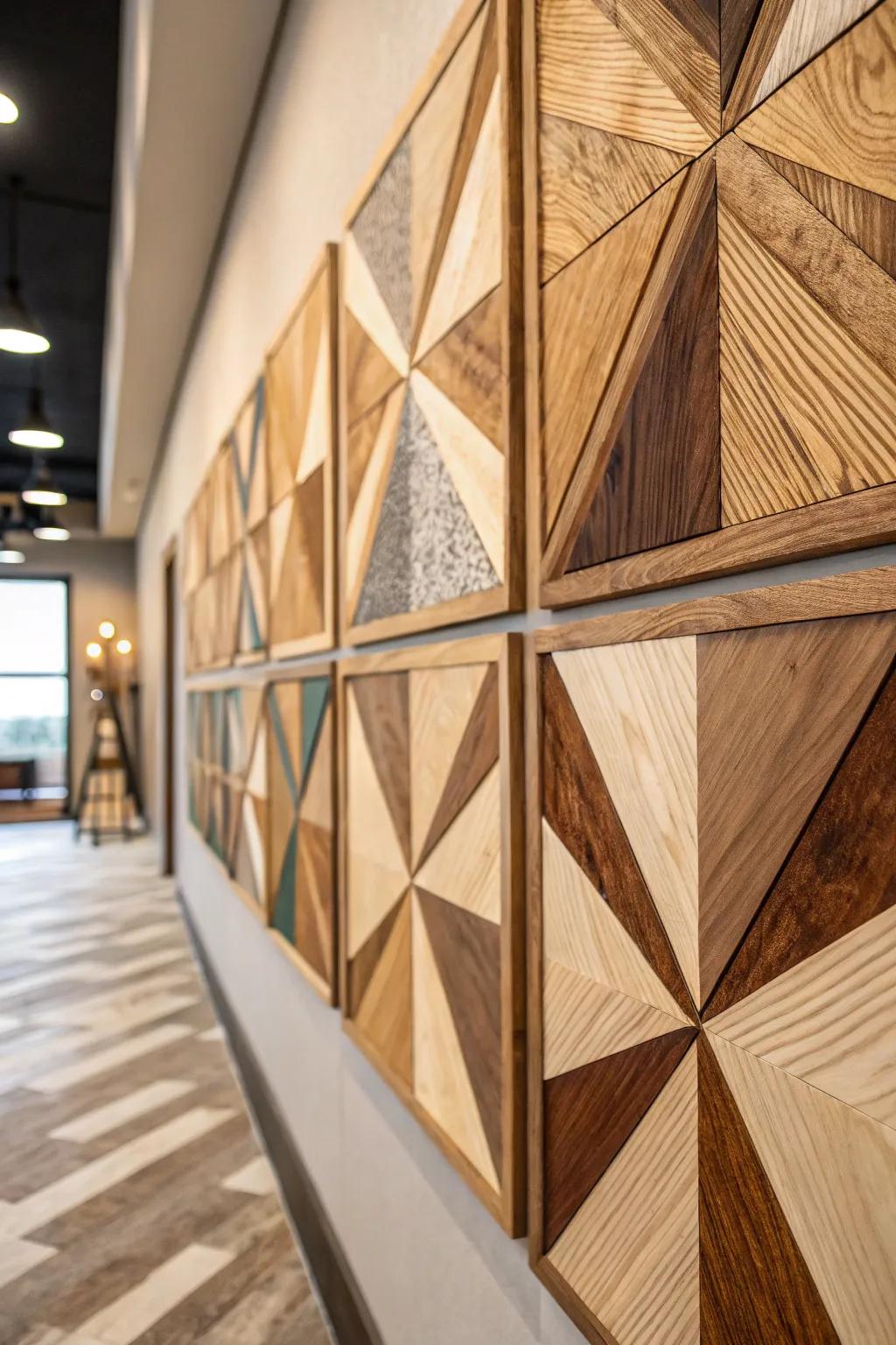 Wooden geometric art mixes nature with modern design.