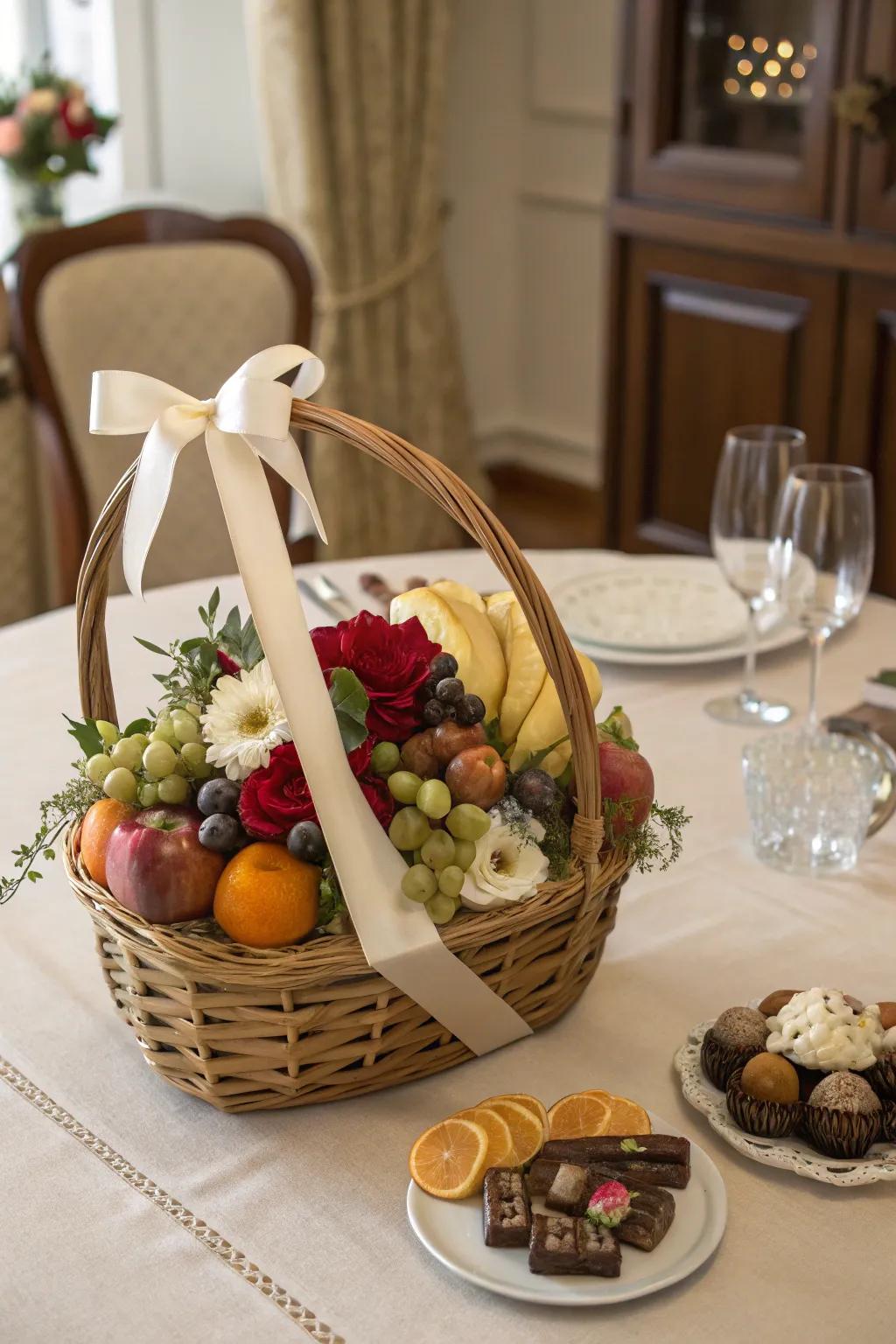 A gift basket completed with elegant ribbons and ties.