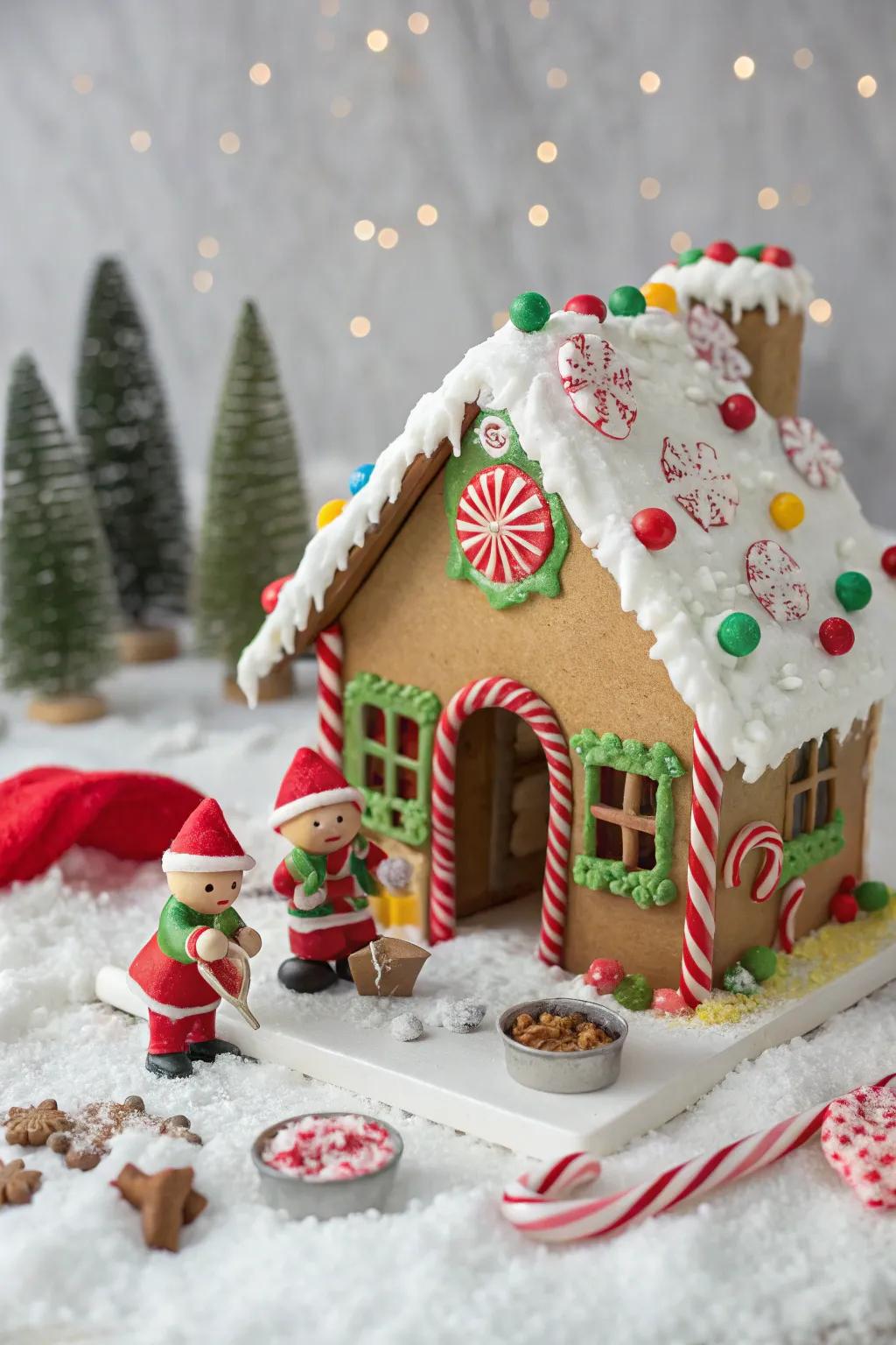 Santa's studio gingerbread house bustling with holiday cheer.