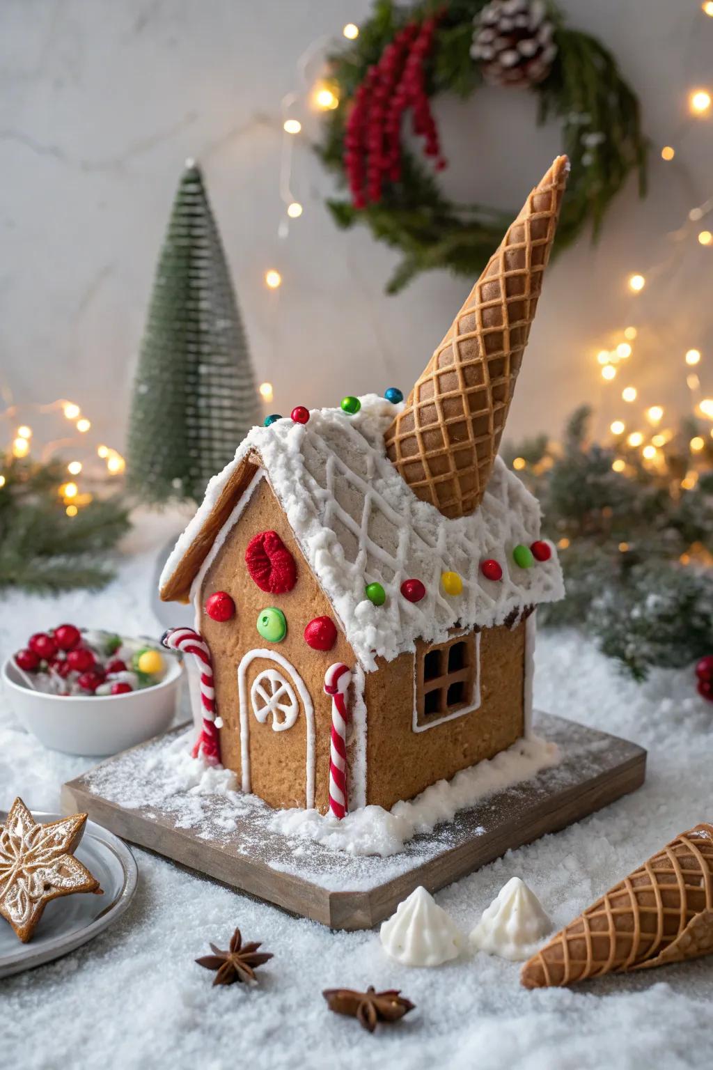 Crisp cones append a singular architectural style to gingerbread house roofs.