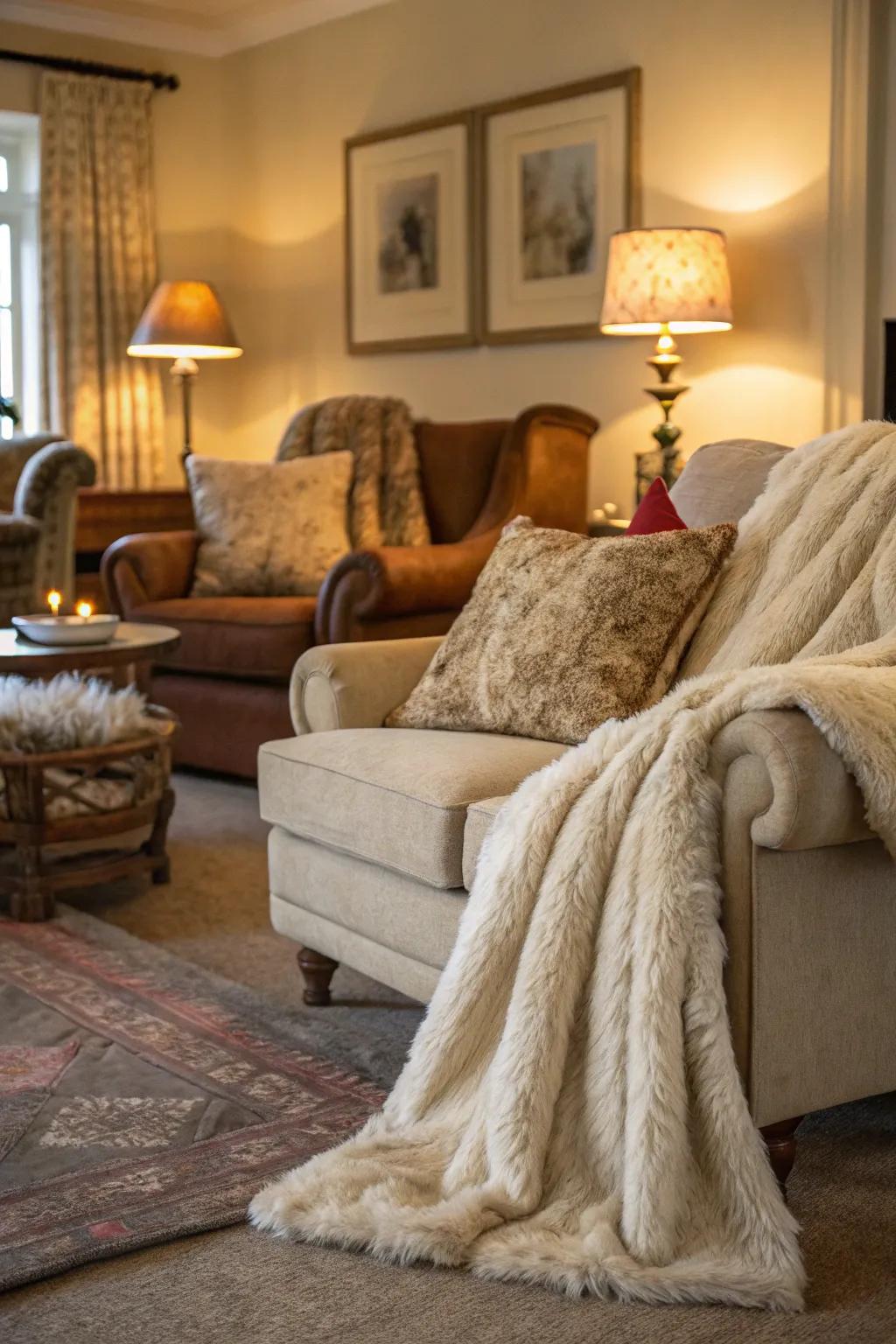 A cozy living area with delicate faux animal hide throws adding warmth.