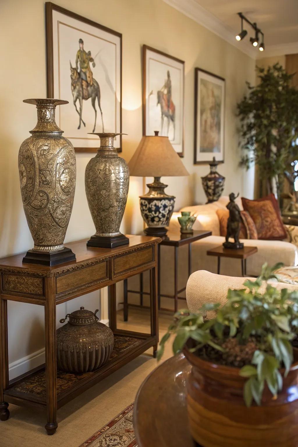 Decorative accents bring a personal touch to glam living spaces.