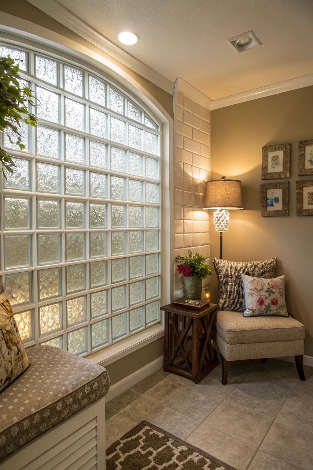 An interior nook features a glass block wall, offering privacy and a cozy atmosphere filled with light.