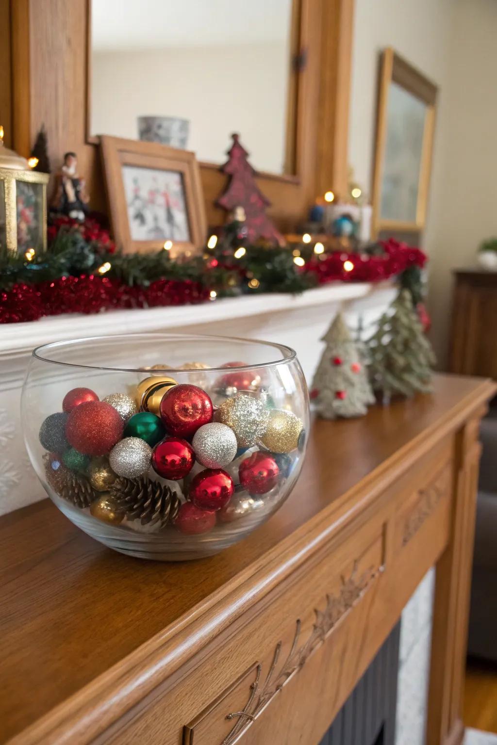 Periodic ornaments displayed in a glass bowl, spreading festive cheer.