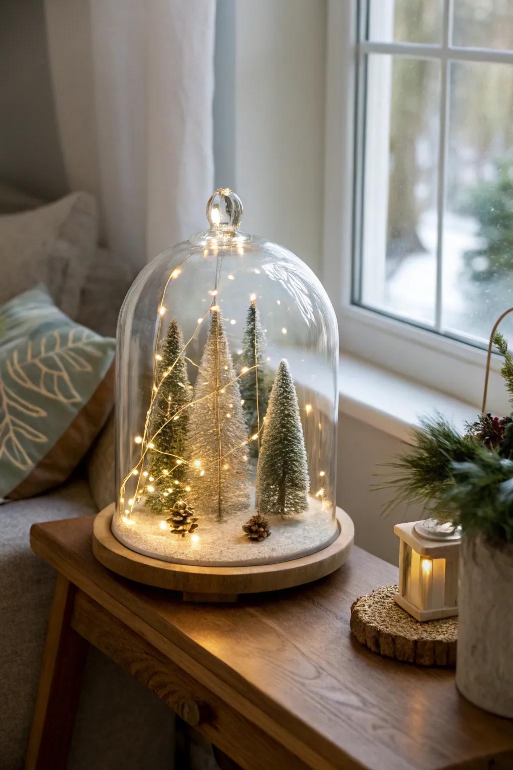 A miniature enchanted forest featuring trees and lights presented under a glass cloche.