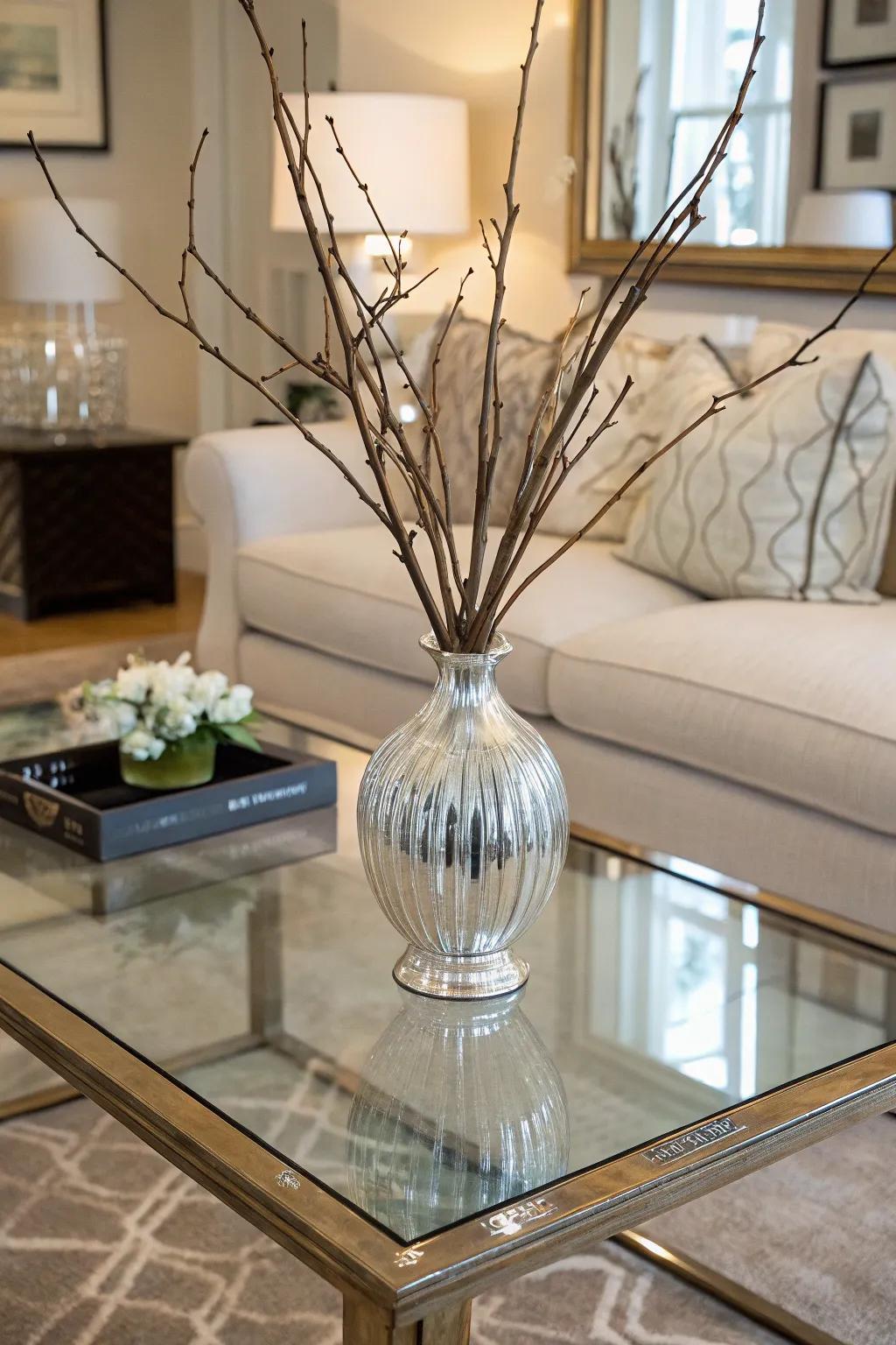 A container adds both practicality and flair to a glass coffee table.