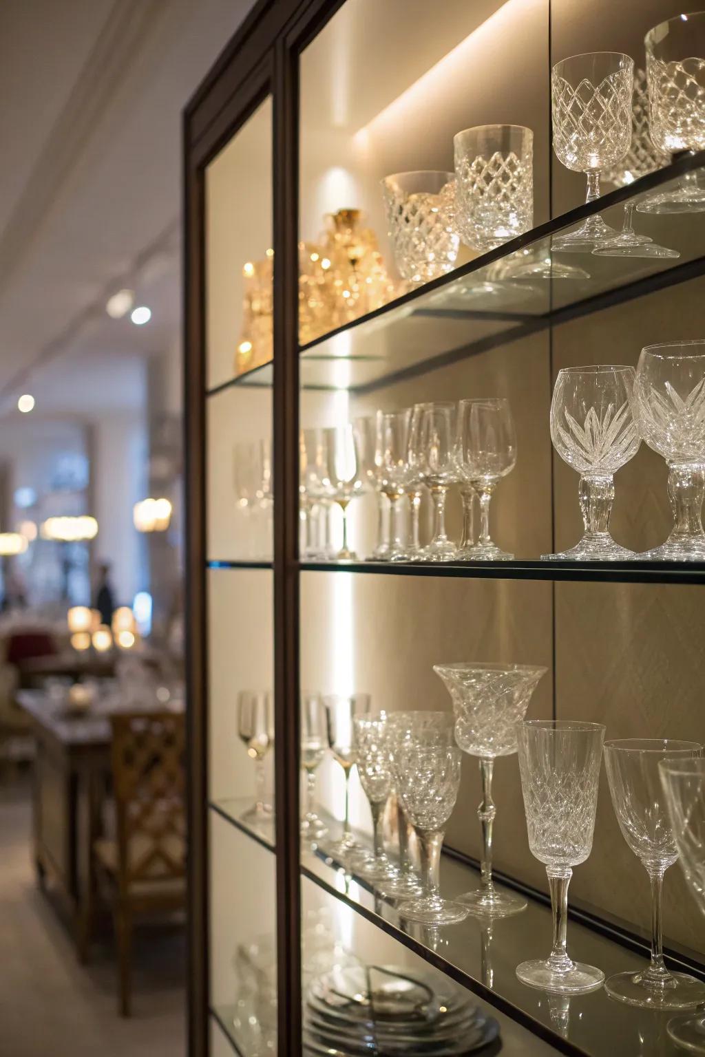 Illuminated shelves creating a warm ambiance with glassware.