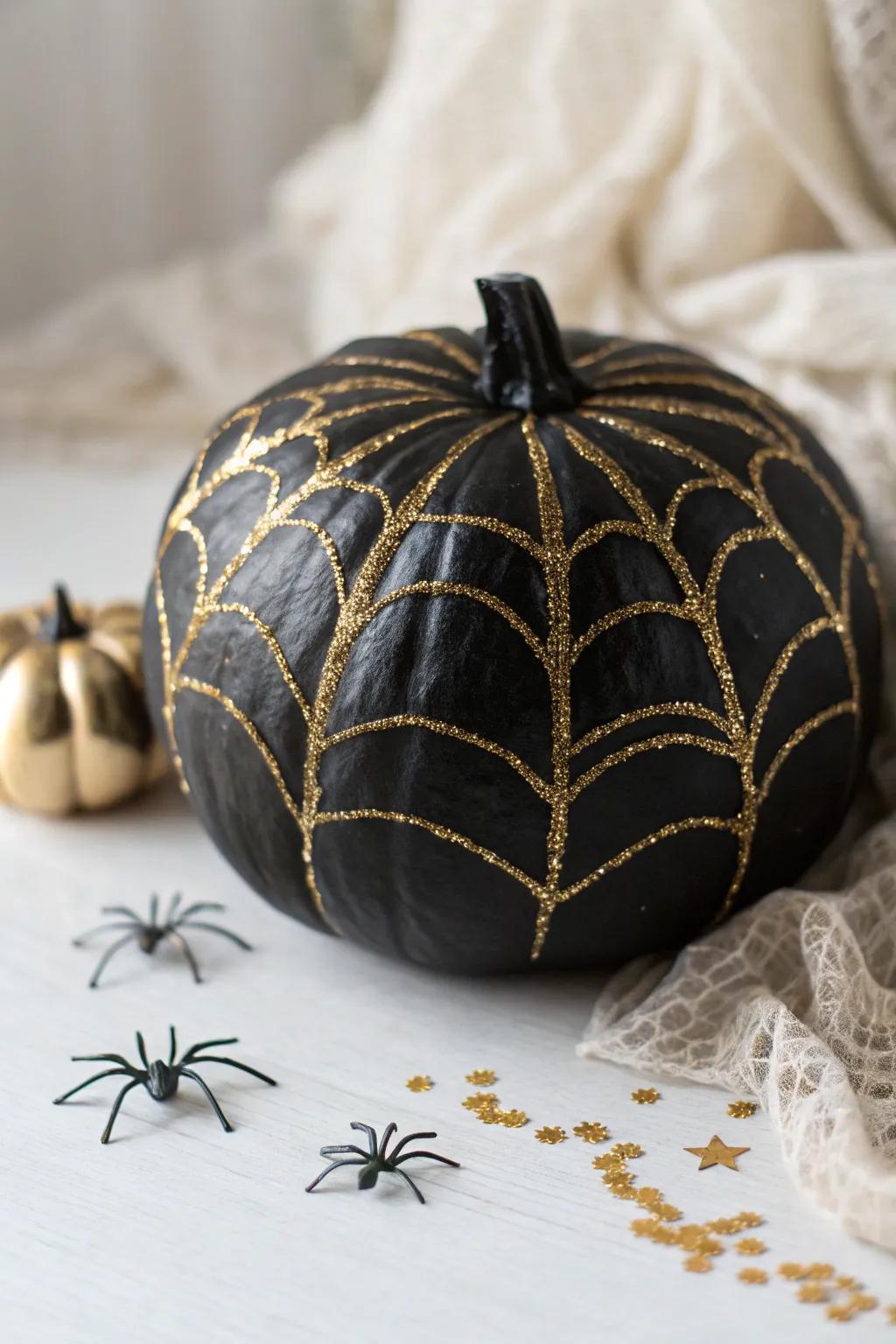Elegant and eerie: A radiant gilded arachnid web transforms this gourd into an All Hallows' Evening masterpiece.