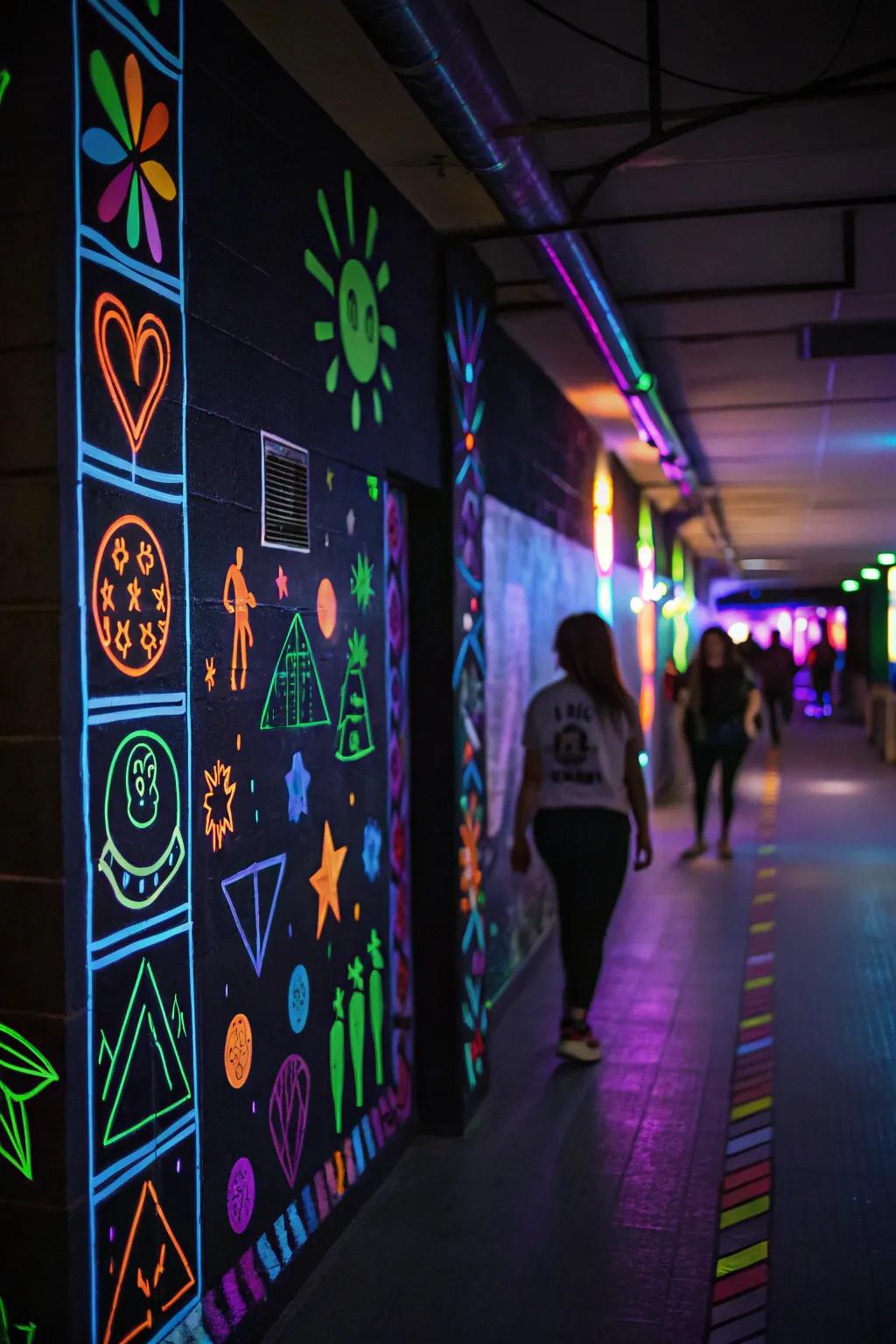 Neon wall decor creates a striking and radiant backdrop.