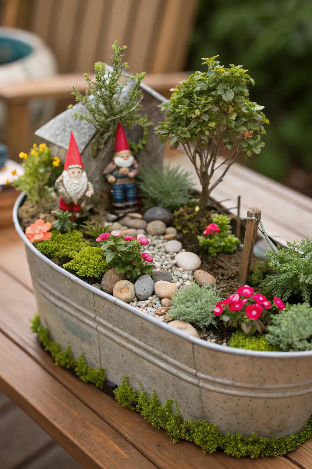 A portable gnome garden contained in a repurposed cart.