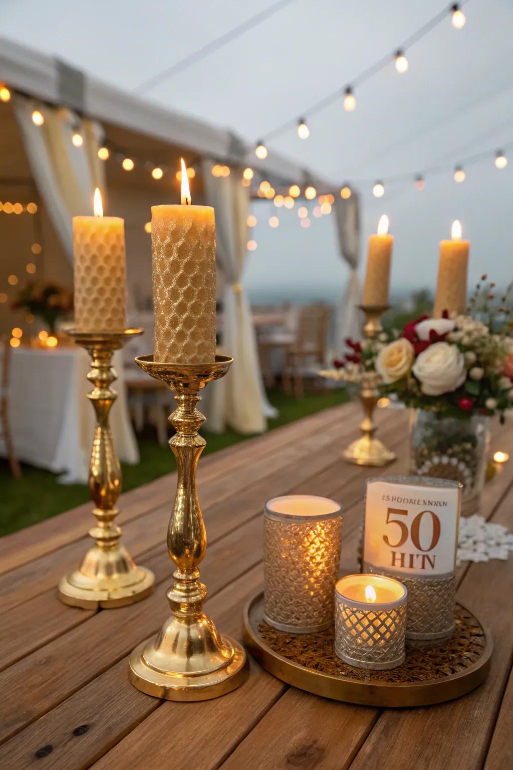 Gold candle holders generate a cozy, welcoming atmosphere.
