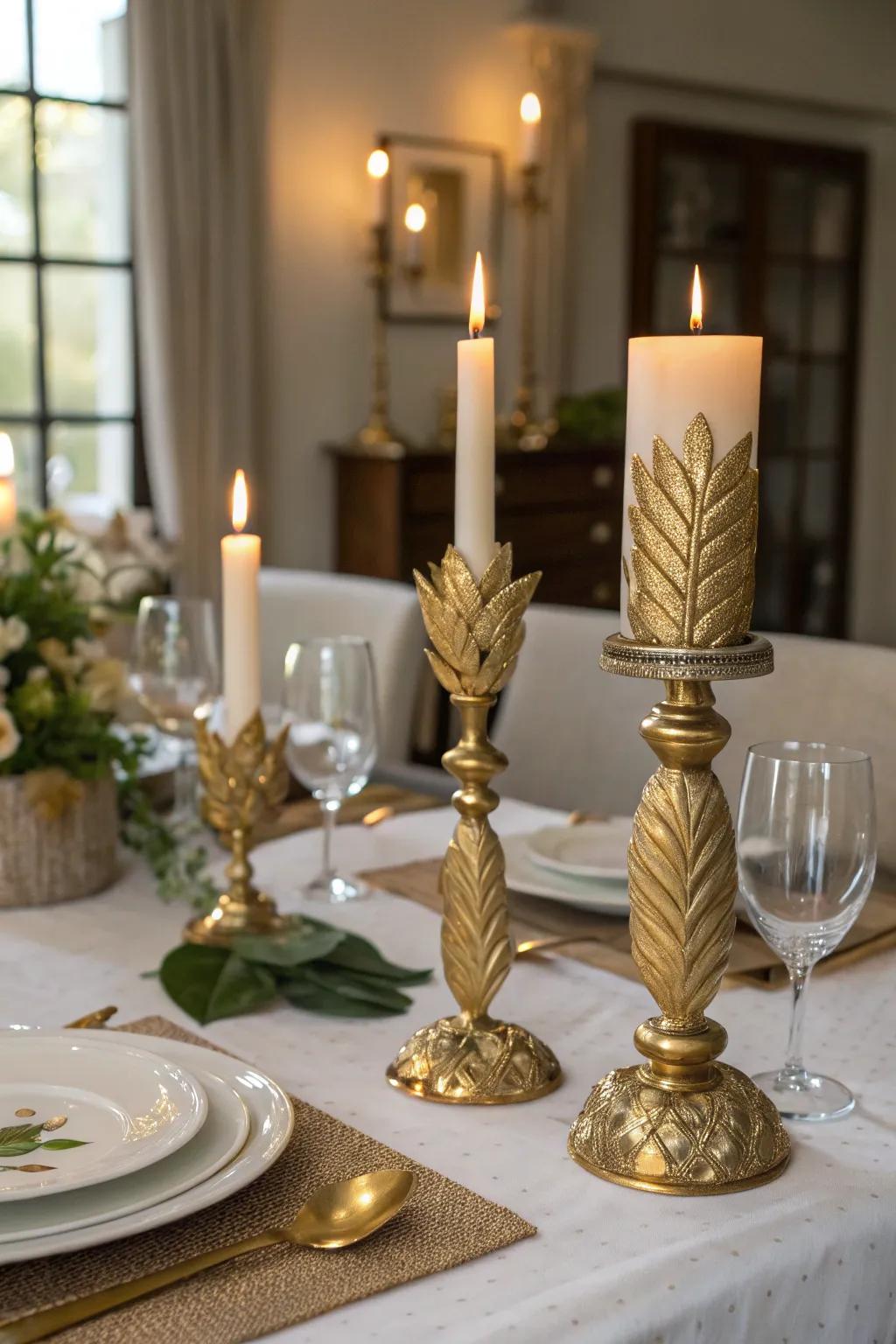 Cultivate an intimate atmosphere through gleaming candle bases.