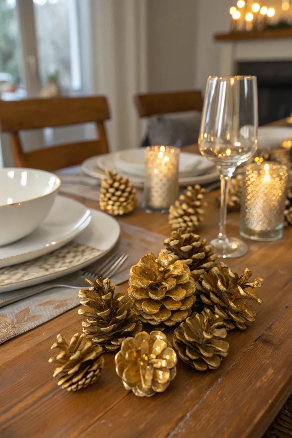Nature-inspired gold-painted pinecones adding a rustic element.