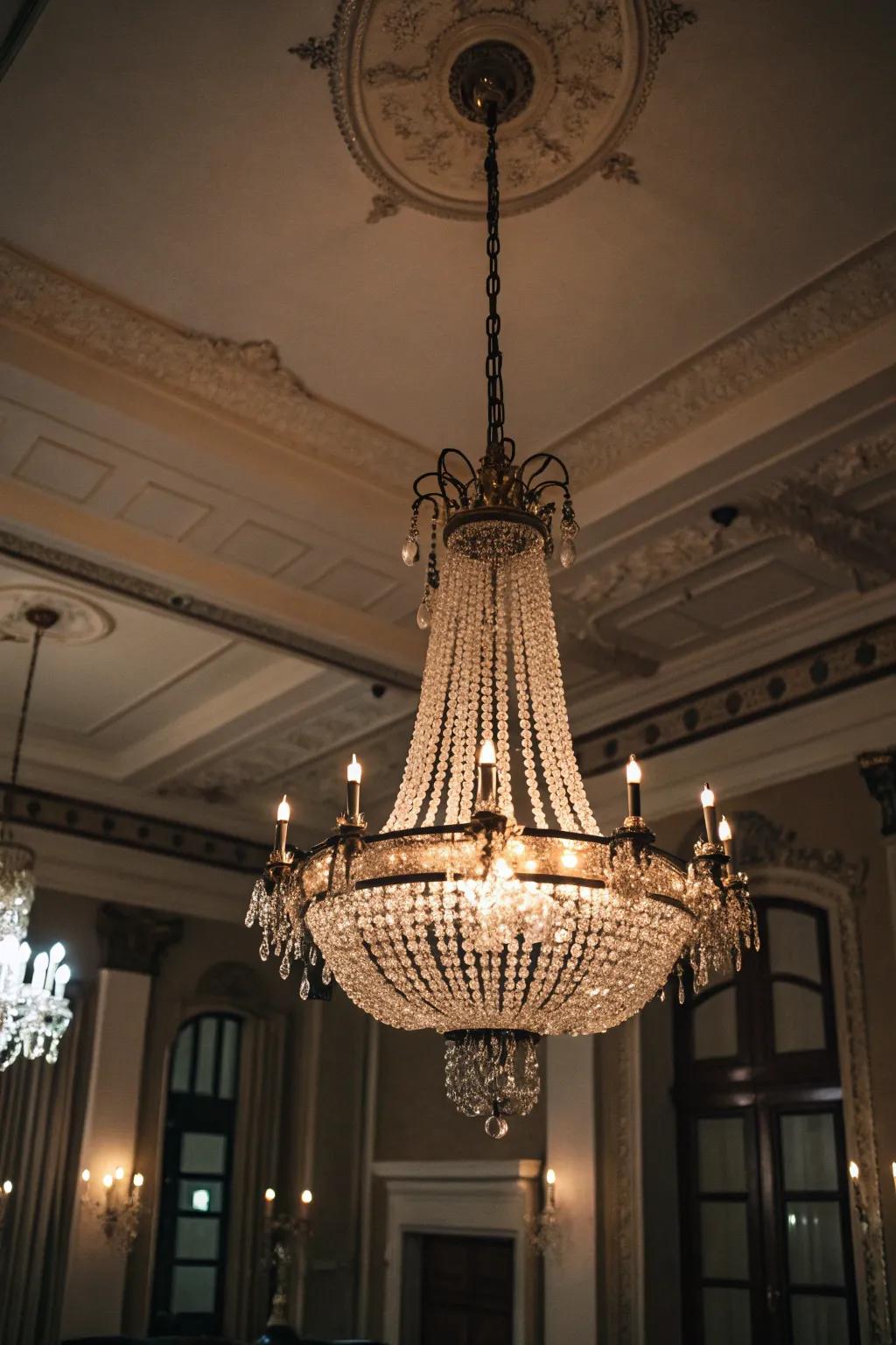 A chandelier that lights up the room with gothic charm.