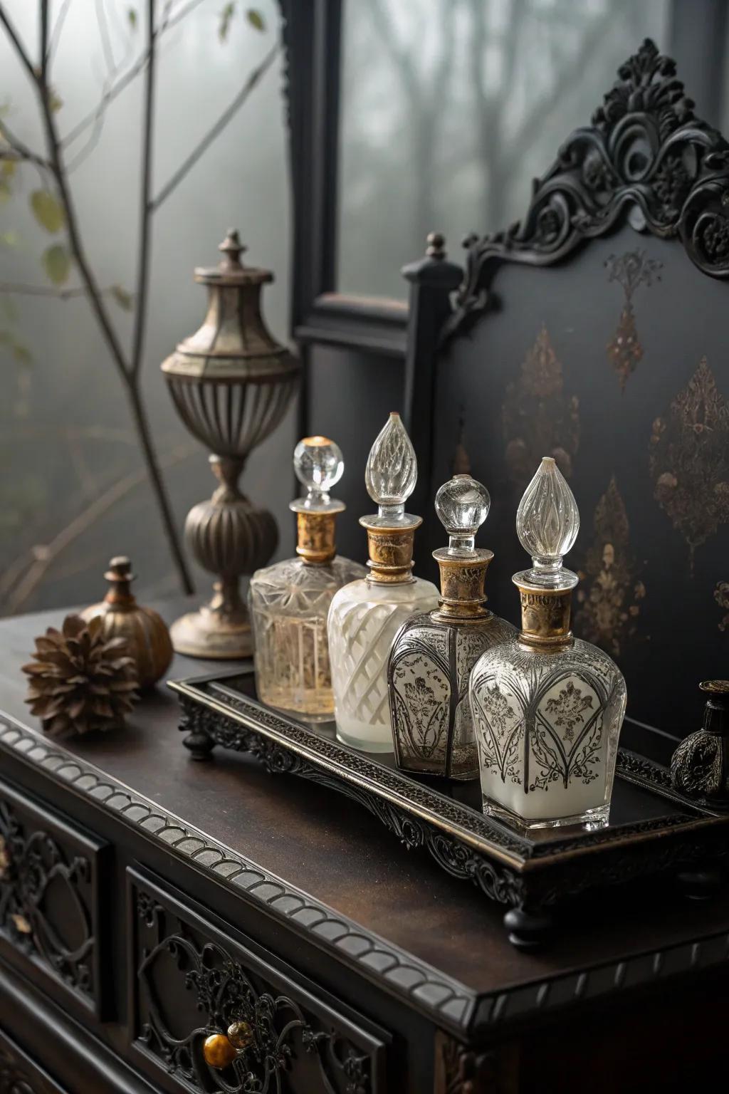 Ornate perfume bottles add charm and elegance.