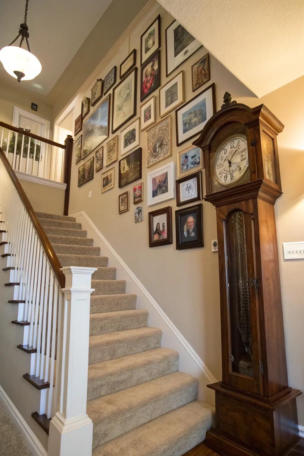A pendulum timepiece creates a point of focus at a staircase's bottom.