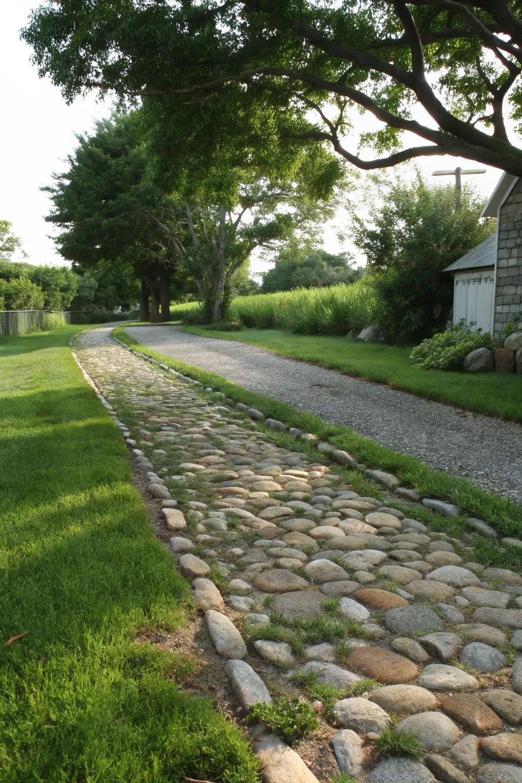 A rustic driveway featuring natural rock with lush grass.