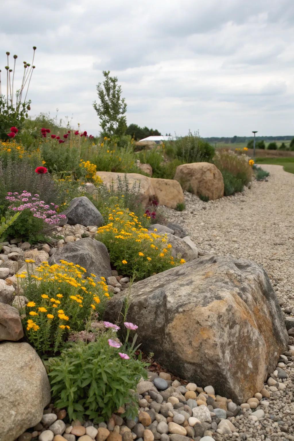A natural stone flower bed highlighting large rocks