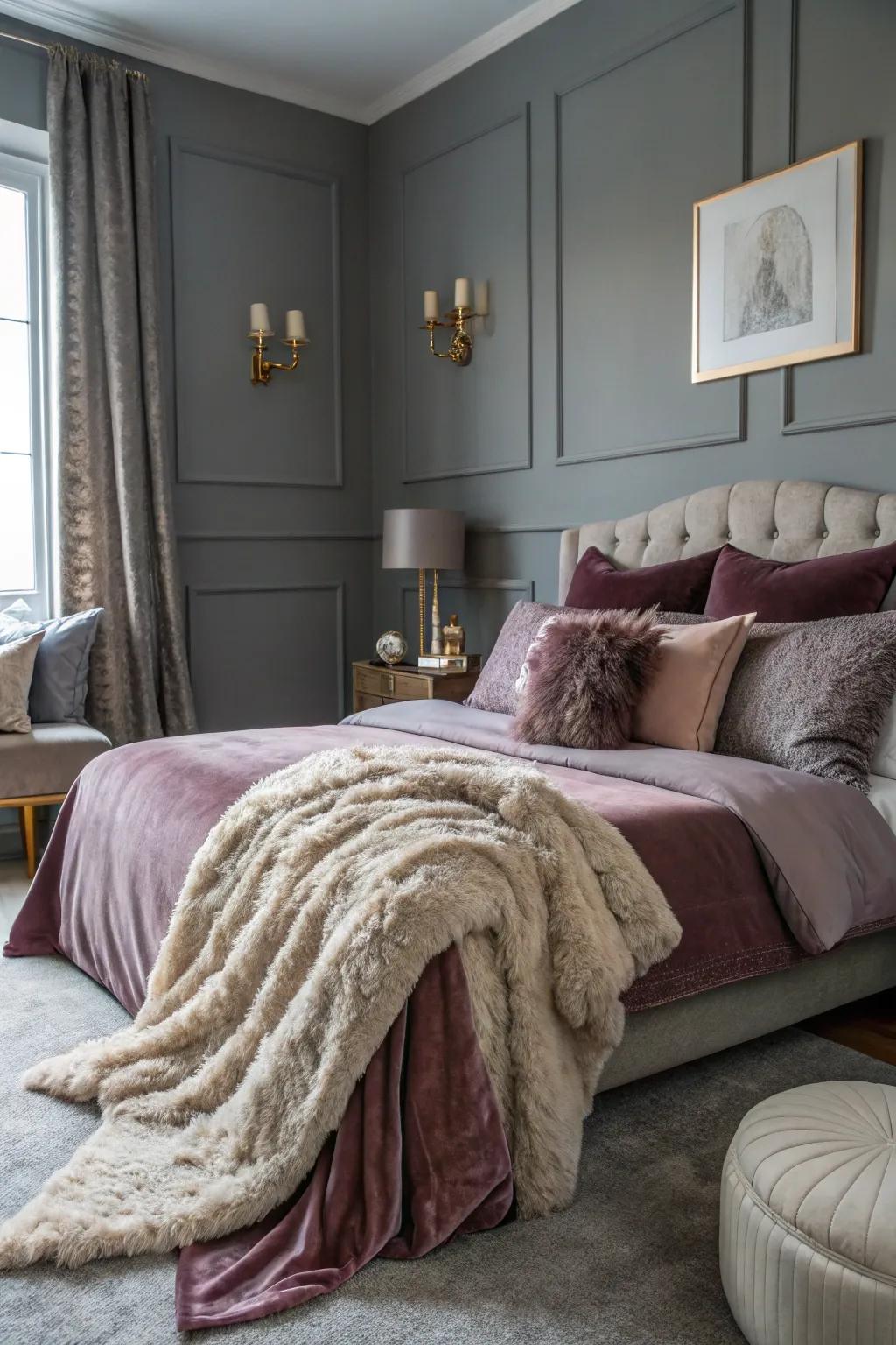 A comfortable gray bedroom featuring inviting gentle fabrics.