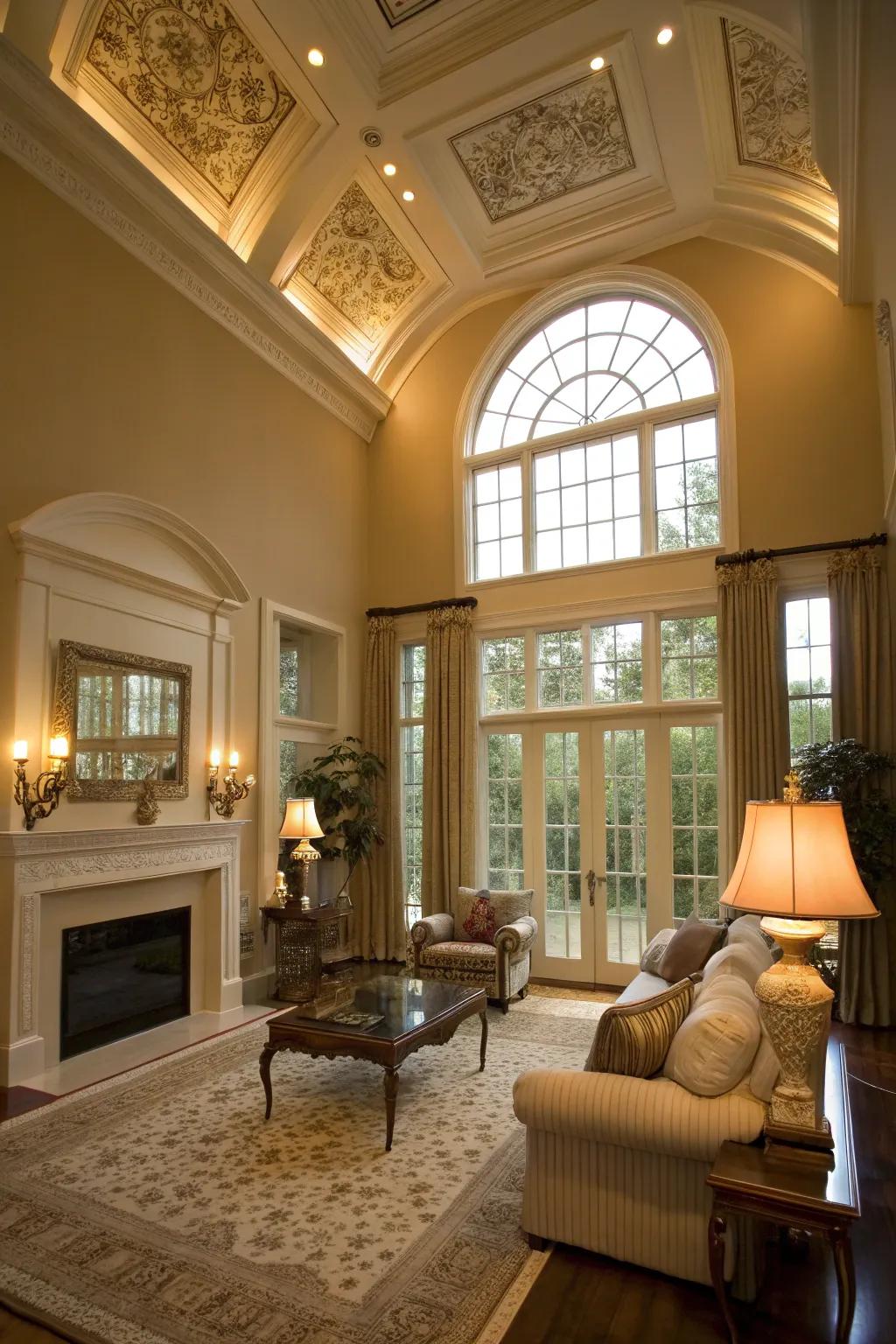 Top windows add sophistication and height to this refined family room.