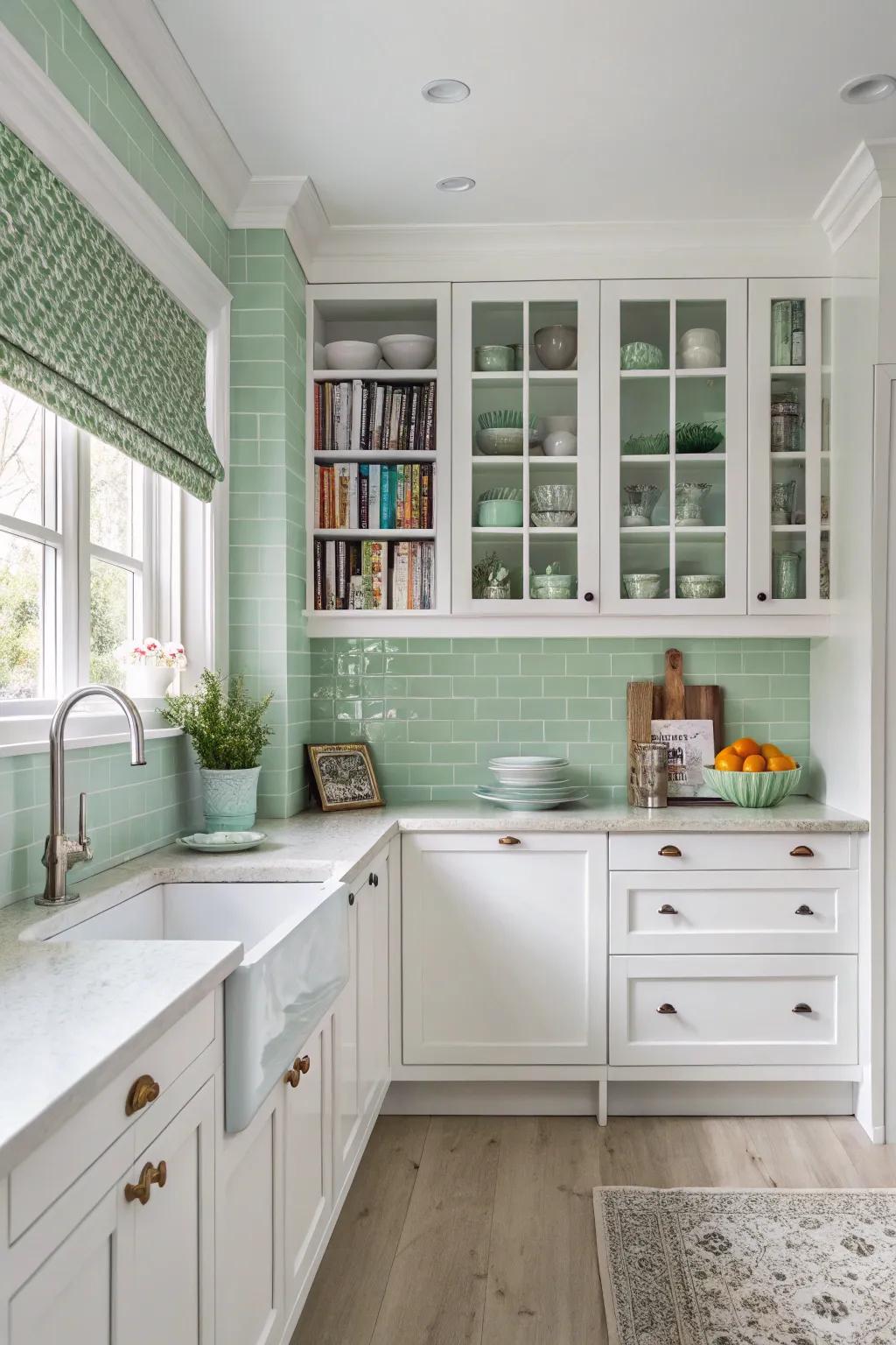 A pale green wall brightens up this modern cooking space.