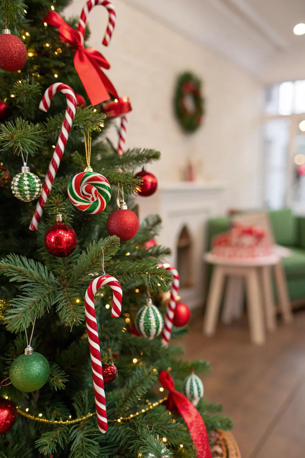 A playful peppermint stick-themed Christmas tree with red and green decorations.
