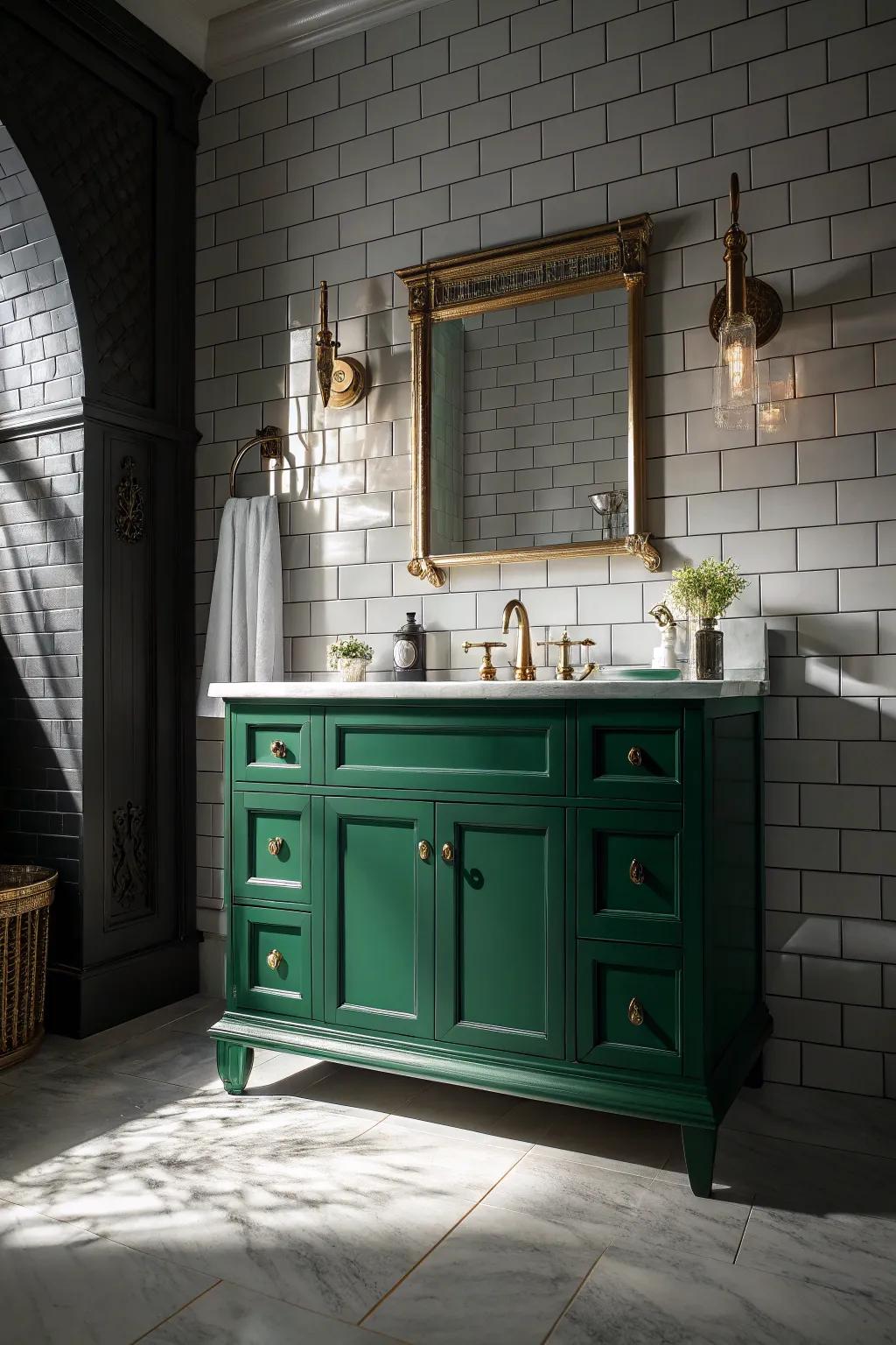 Hunter green vanity providing a bold and dramatic look.