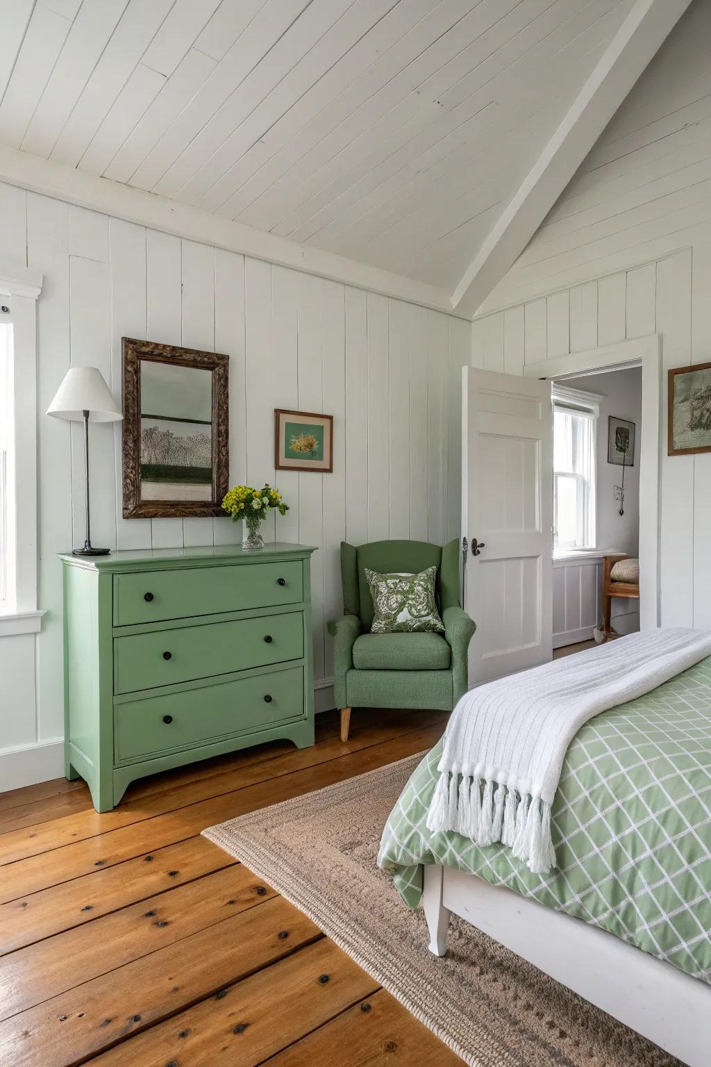 Modern green furnishings add a daring and stylish accent.