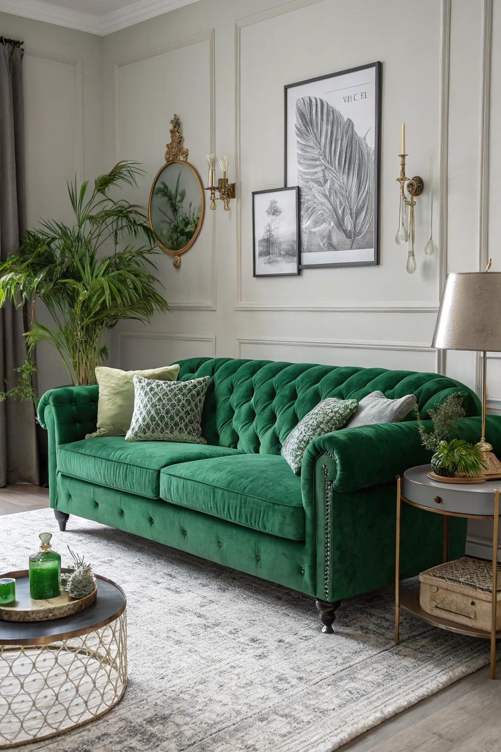 A refined monochrome living space with layered green hues.