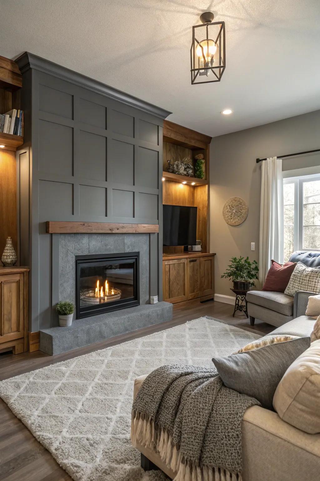 A comfortable fireplace showcased by a grey accent wall.