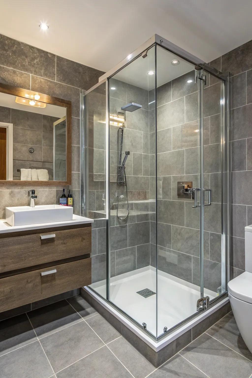 A modern glass-surround shower enhanced with grey tiles creates an elegant aesthetic.