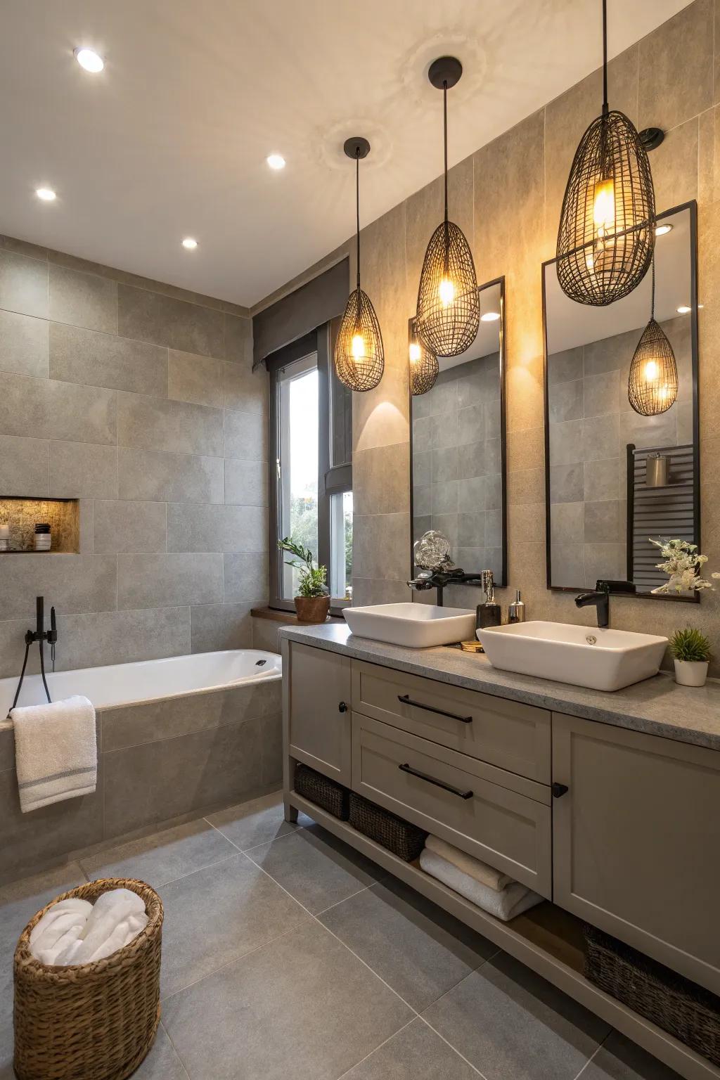 Elegant lighting fixtures produce a comfortable and welcoming atmosphere.