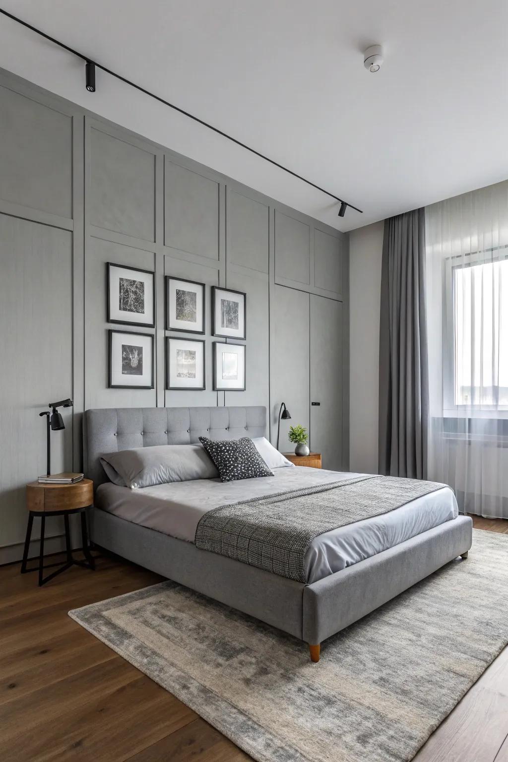 Streamlined decor complements a contemporary grey bedroom.