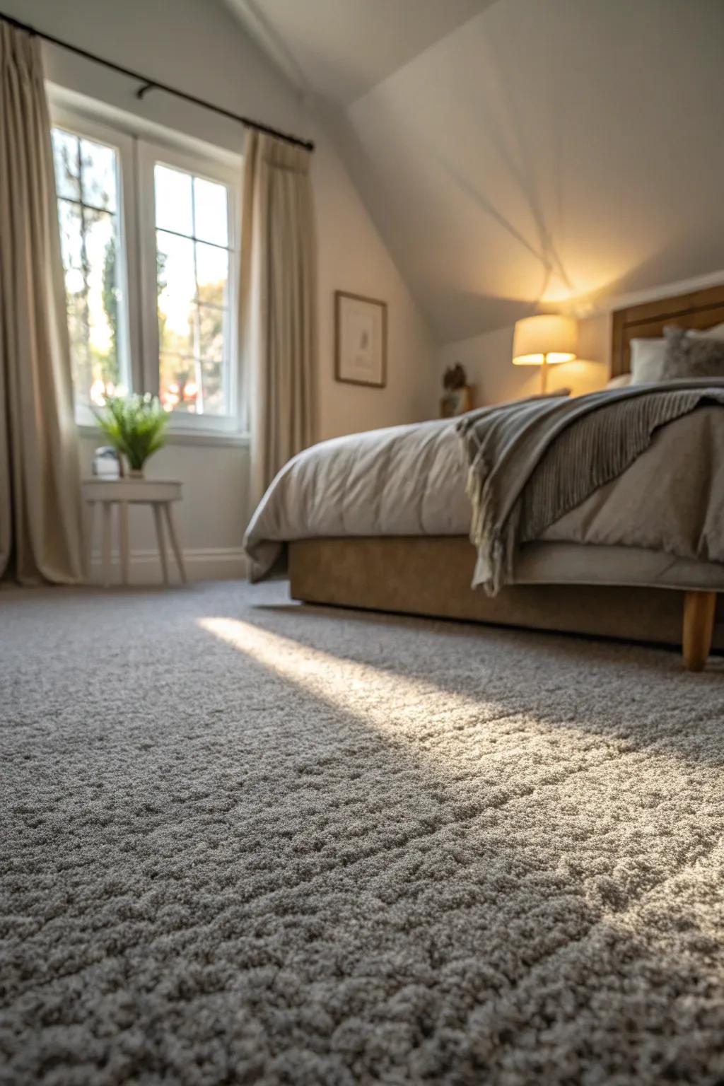 The textured grey carpet enhances the room's dynamic with its striking design.