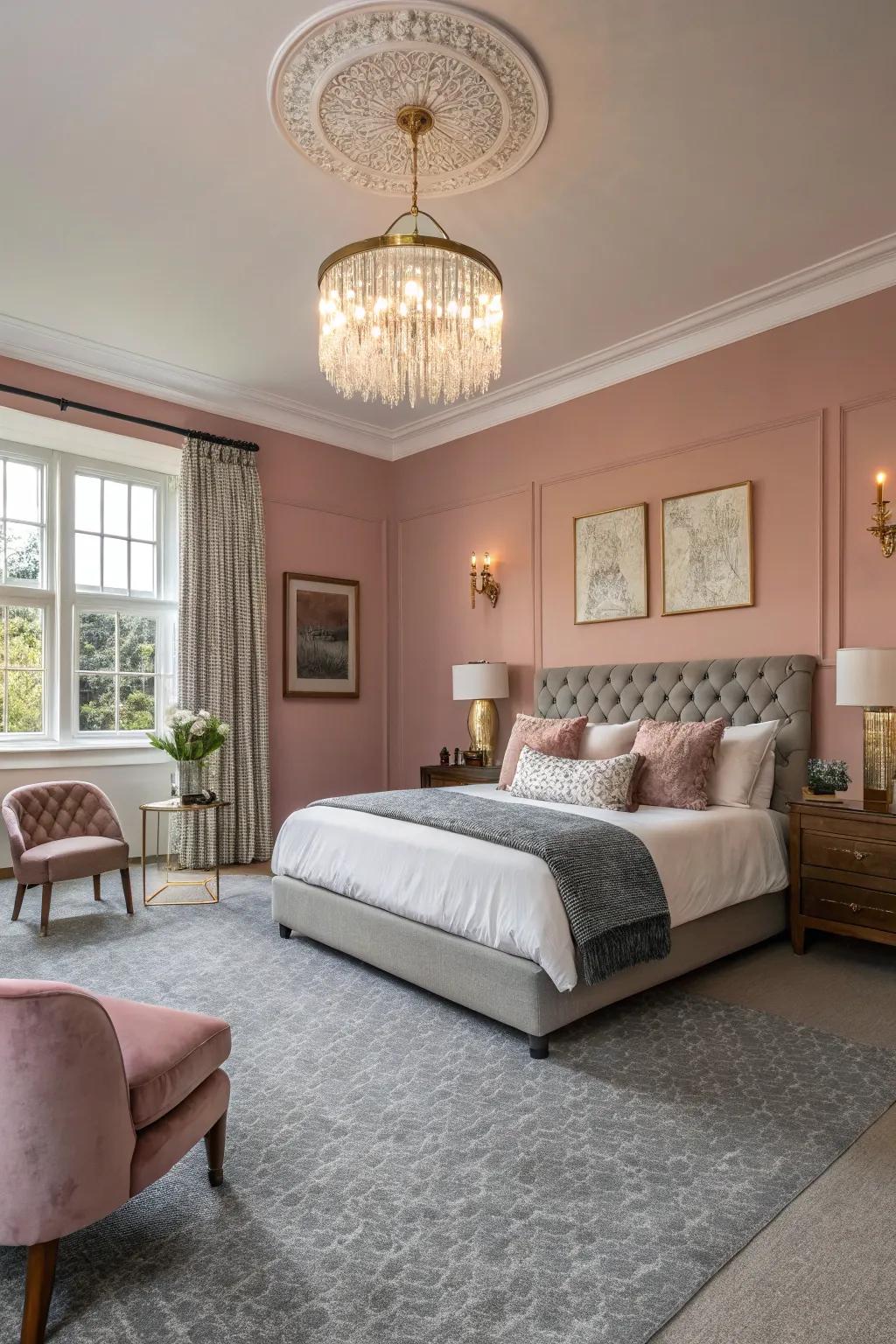 Dusty pink walls bring elegance and color to spaces with grey carpets.